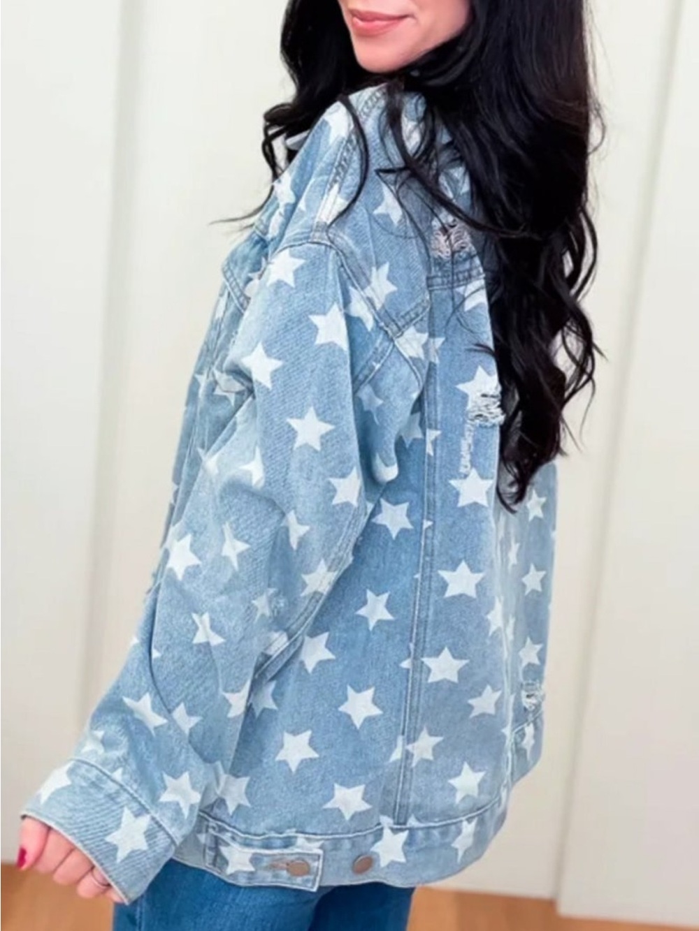 POL Light Blue Denim Jacket with White Stars . Oversized